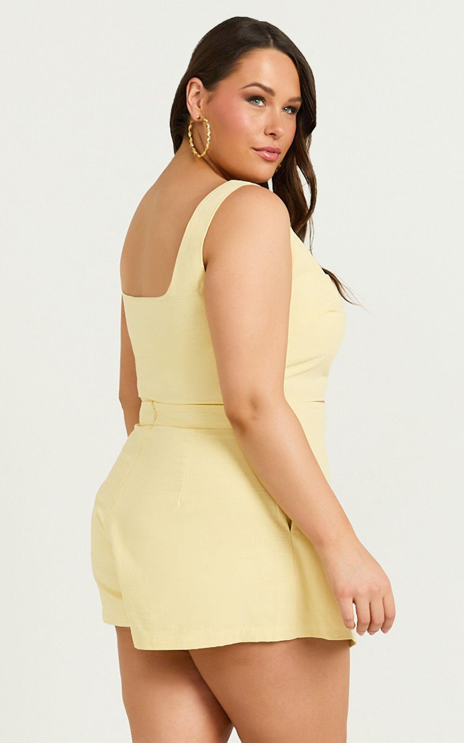 Polina Two Piece Set - Linen Look Square Neck Crop Top and Tie Waist Skort Set in Lemon Product Image