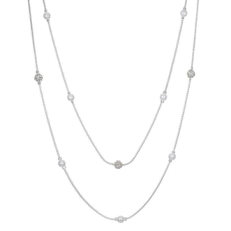 Emberly Silver Tone Simulated Pearl 2 Row Station Necklace, Womens, White Product Image