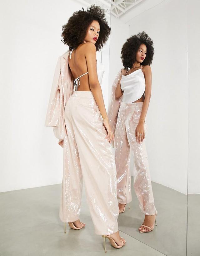 ASOS EDITION pleat front sequin pants in blush Product Image