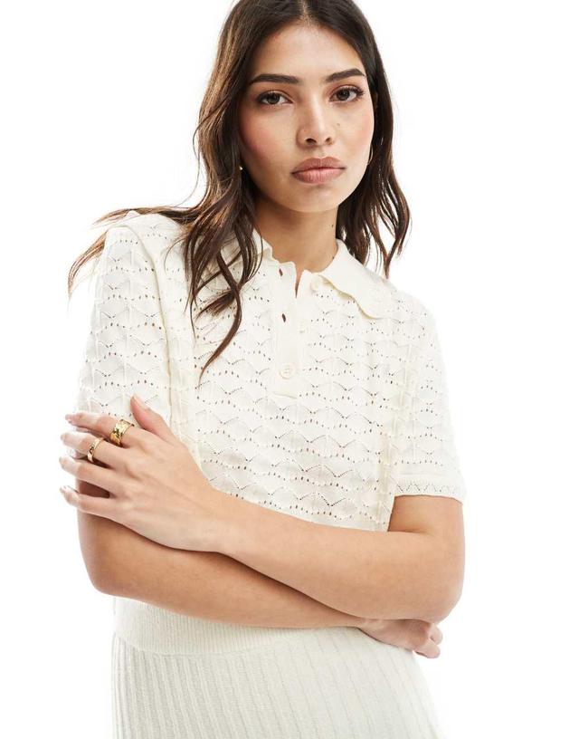 ASOS DESIGN knit polo top with stitch detail in cream Product Image