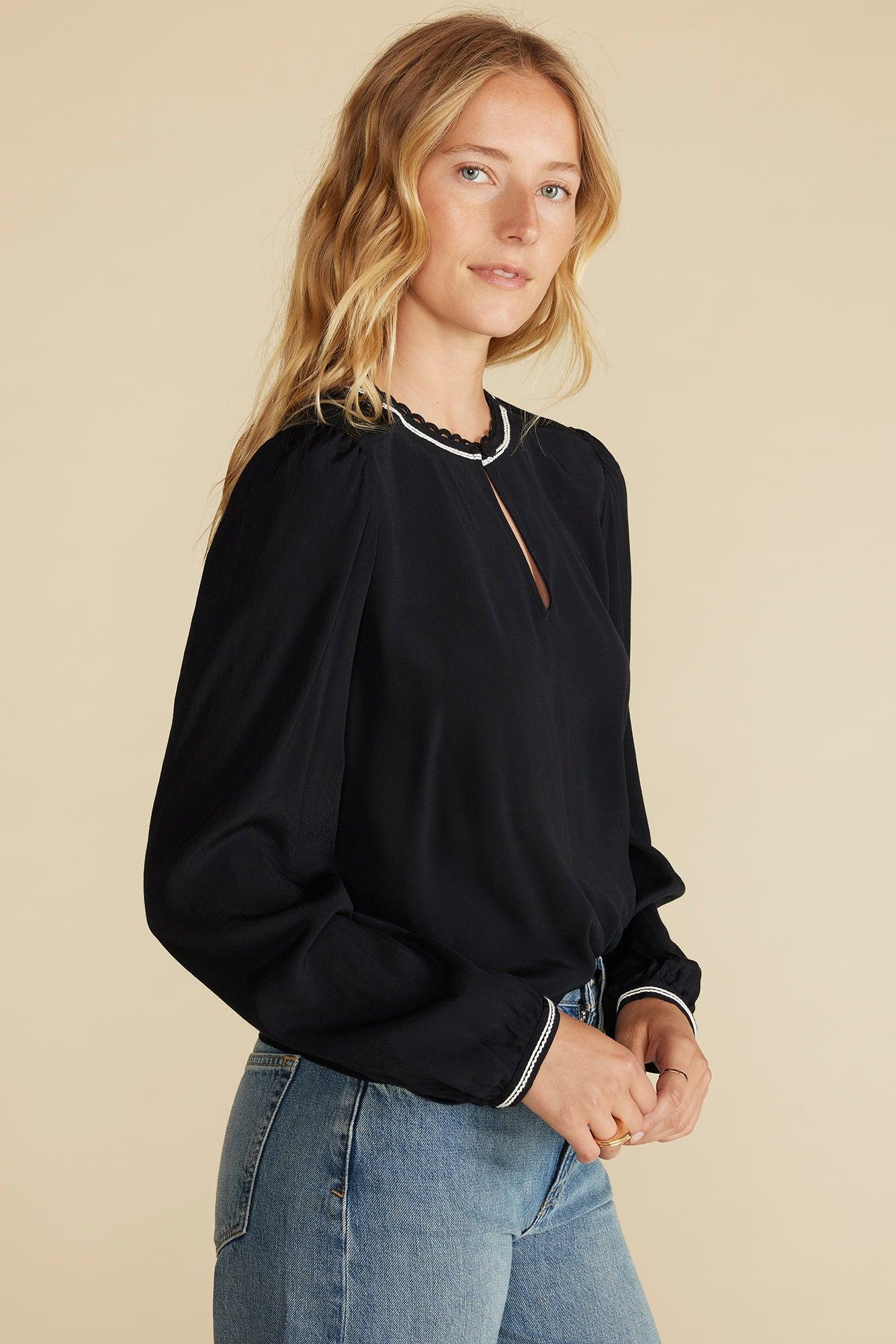 Minna Viscose Crepe Blouse - Black with White Trim Product Image