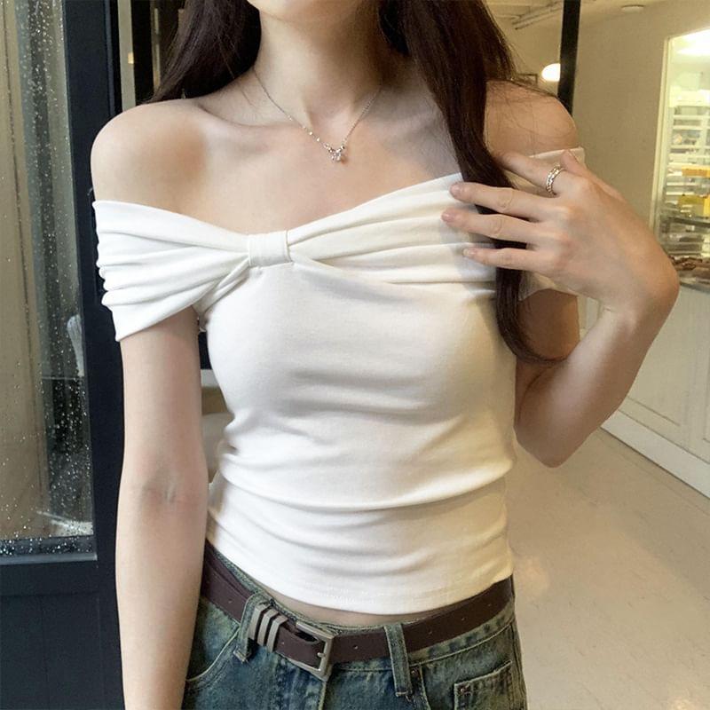 Short-Sleeve Off-Shoulder Plain Crop Top Product Image