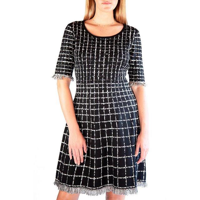 Womens Nina Leonard Plaid Knit Fit & Flair Sweater Dress with Fringe Product Image