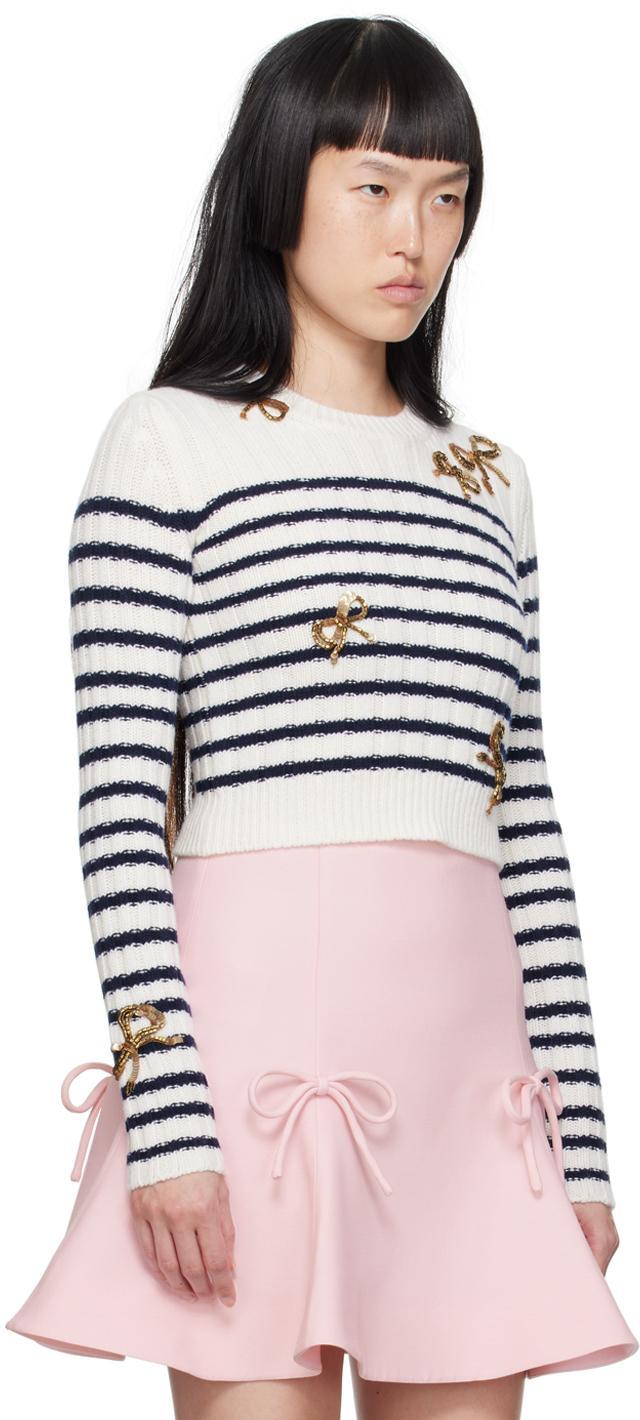 VALENTINO White & Navy Bow Sweater In 7cl White/navy Product Image