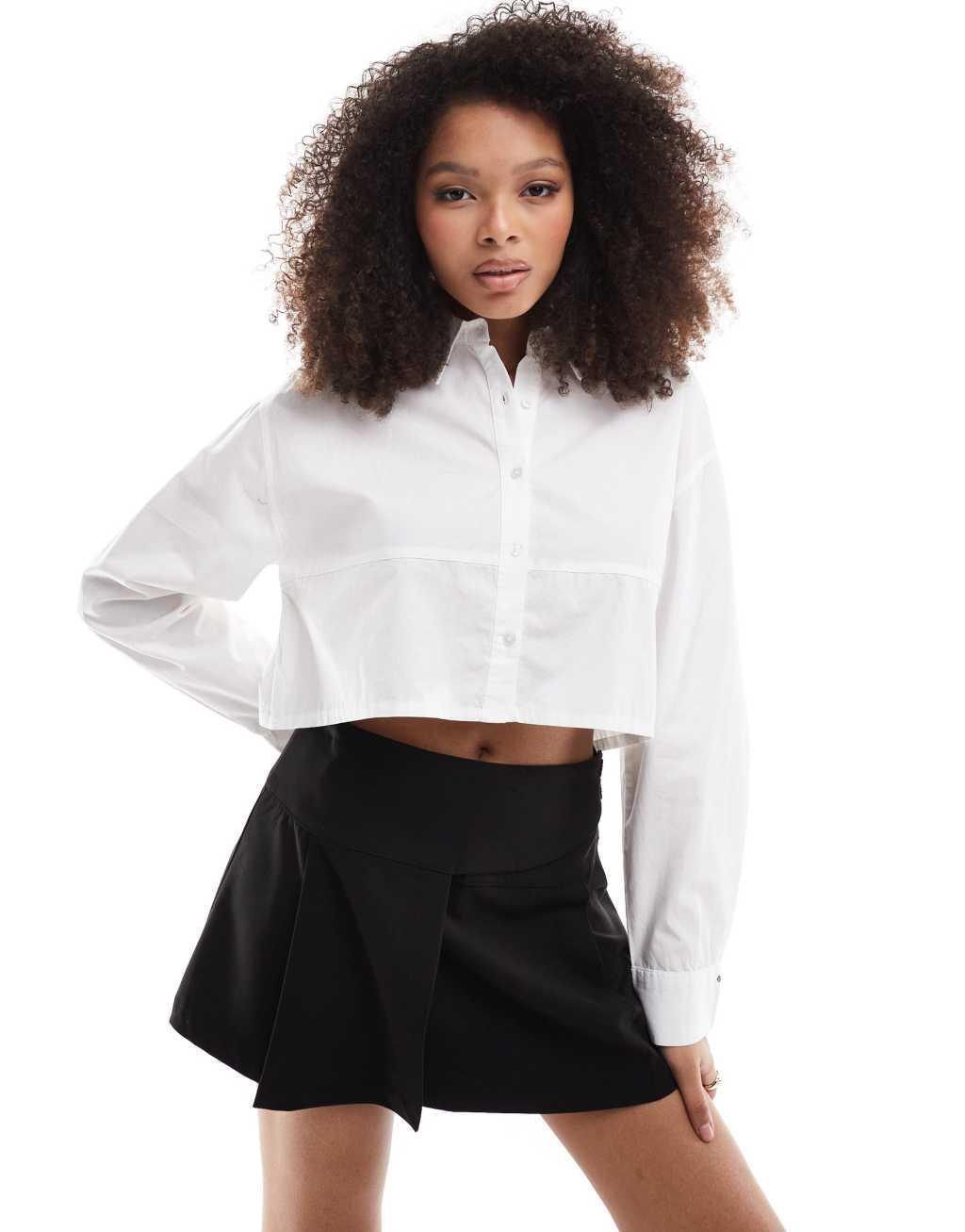 Pull&Bear cropped long sleeve shirt in white Product Image