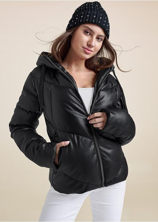 Faux-Leather Puffer With Hood Product Image