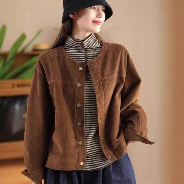 Round Neck Plain Corduroy Button Jacket Product Image