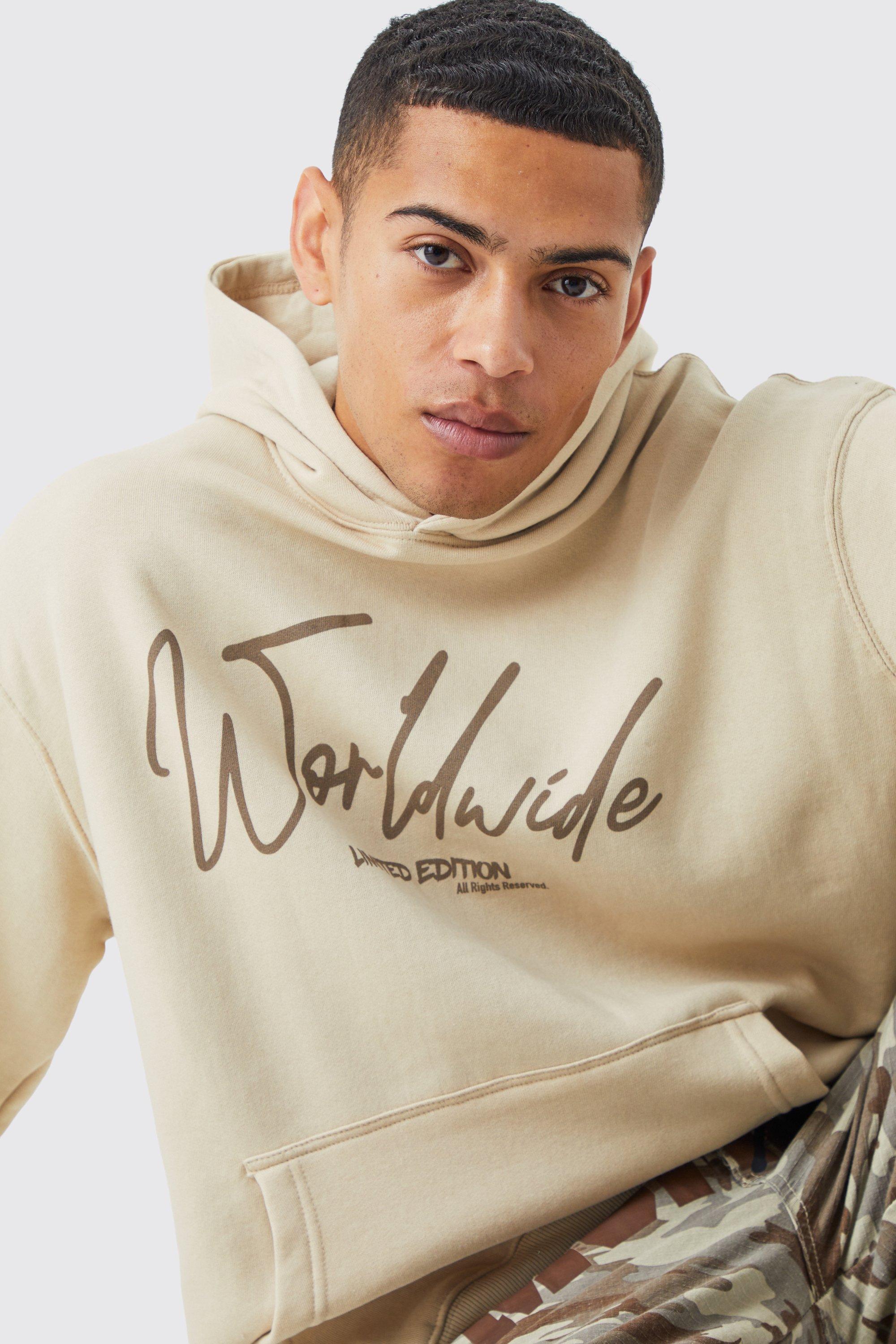 Mens Beige Oversized Worldwide Graphic Hoodie, Beige Product Image