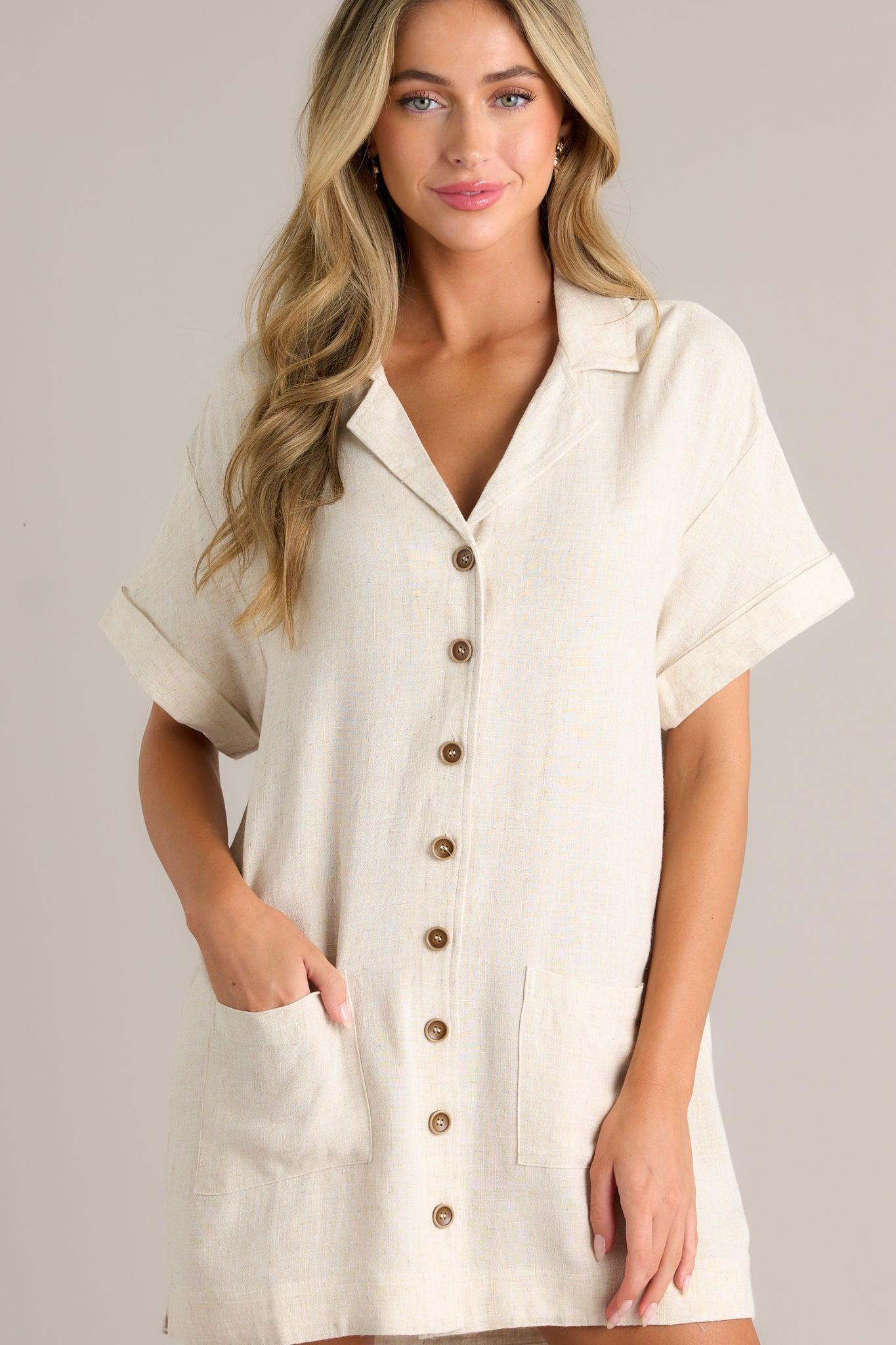 Effortless Selection Beige Button Front Shirt Mini Dress Product Image