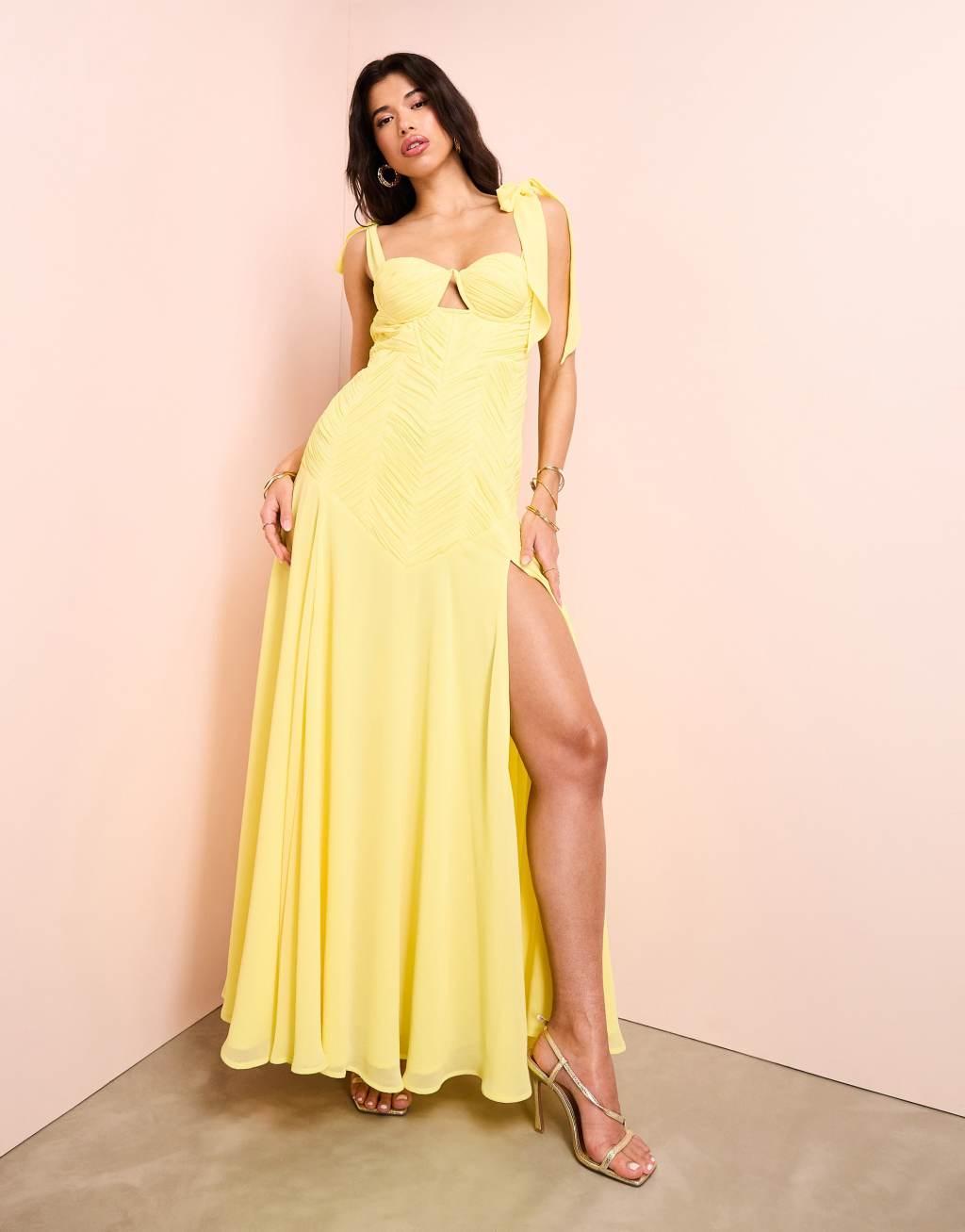 ASOS LUXE chiffon tie shoulder cut-out maxi dress in yellow Product Image