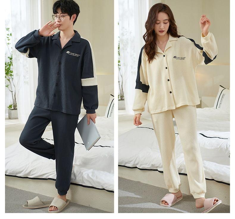 Couple Matching Loungewear Set : Long-Sleeve Color Block Bear Print Top + Pants Product Image