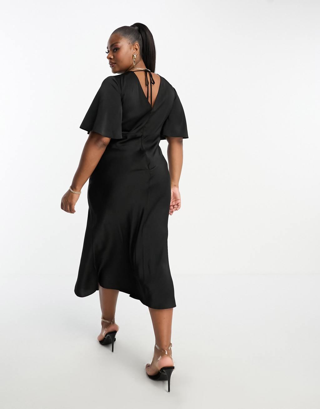 ASOS DESIGN Curve exclusive satin flutter sleeve midi dress in black Product Image