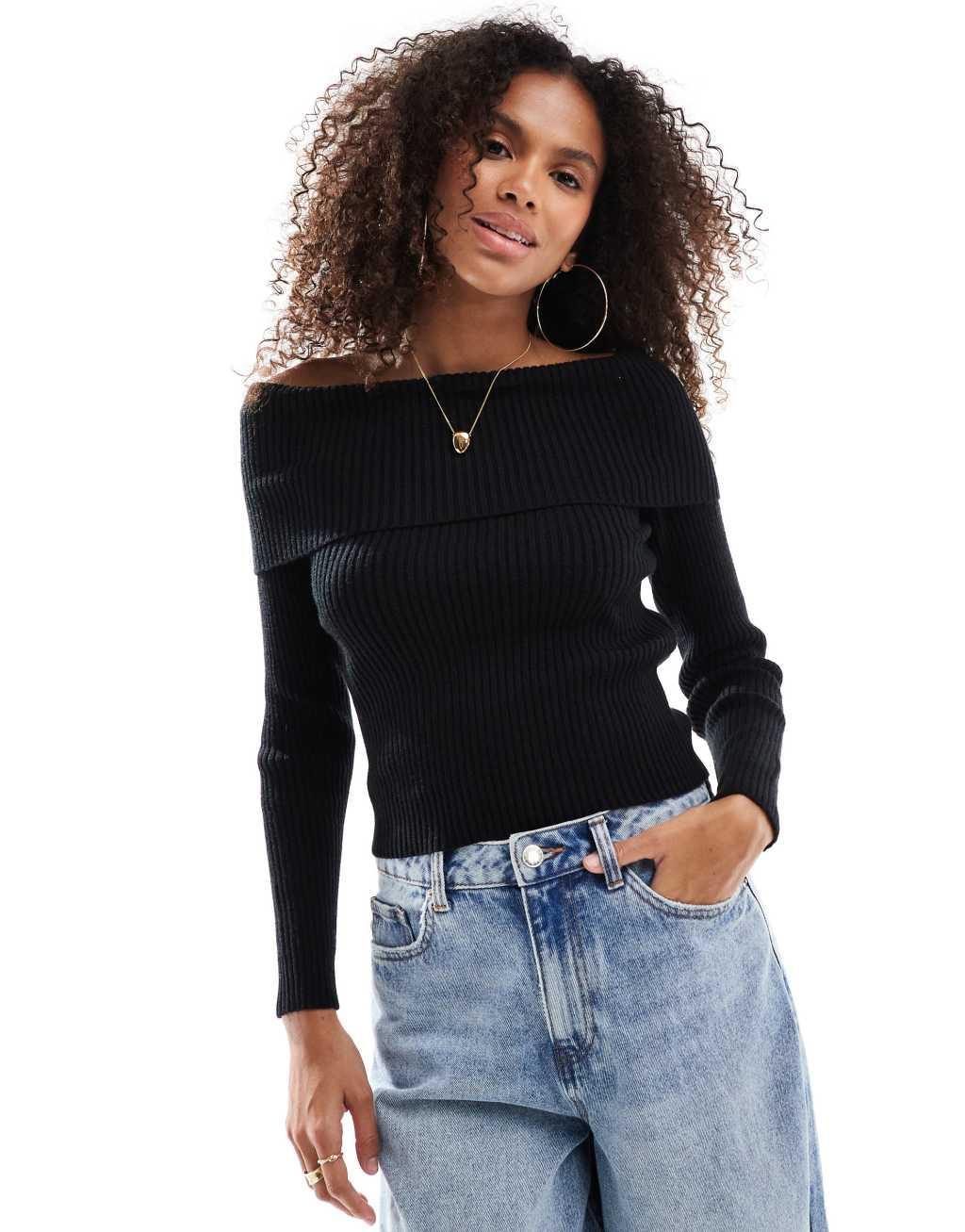 ONLY off the shoulder knit sweater in black  Product Image