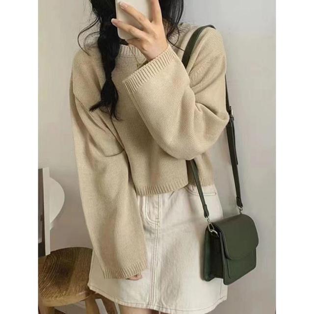 Flared-Sleeve Round Neck Plain Sweater Product Image