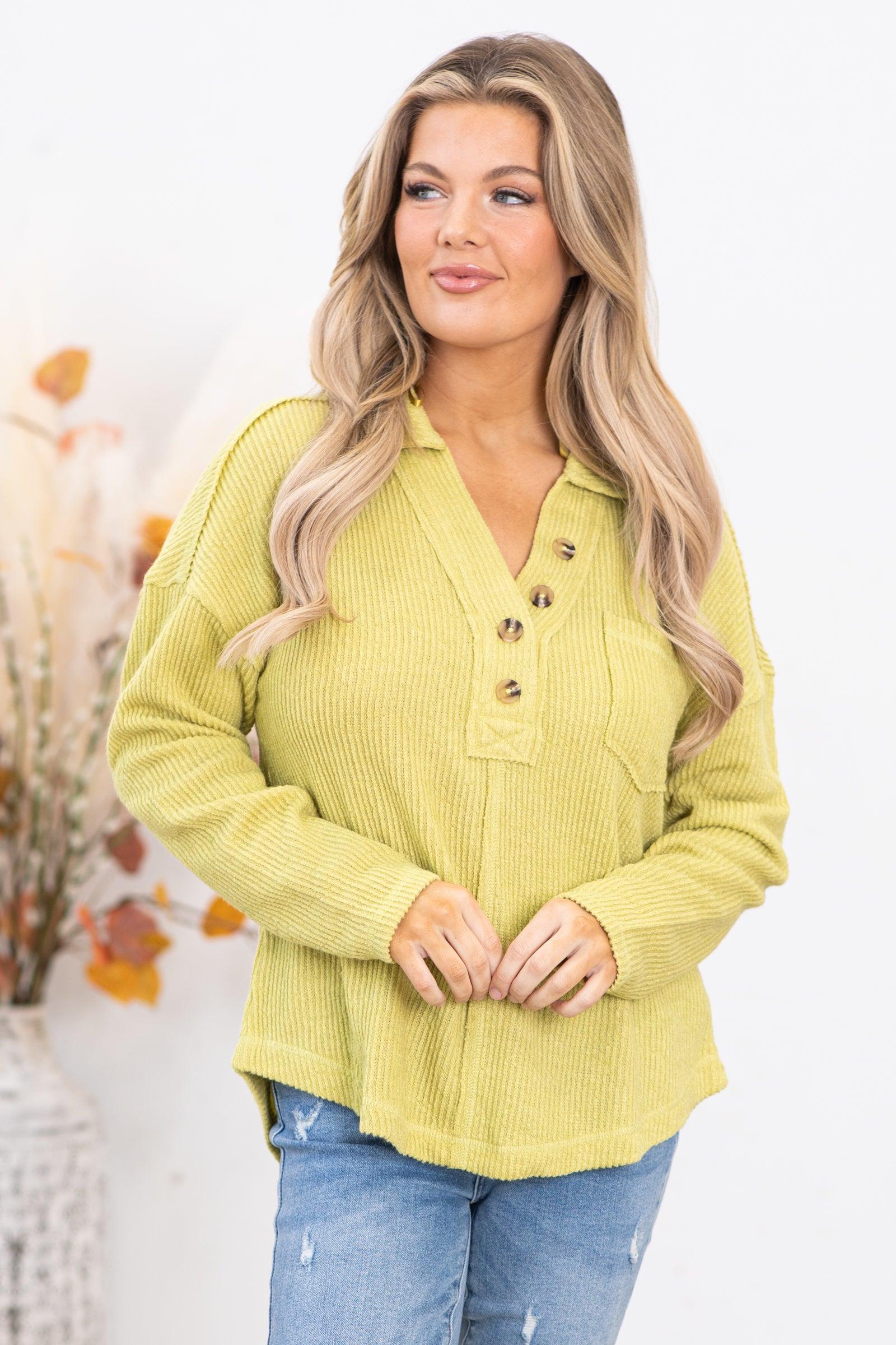 Light Olive Rib Knit Top With Collar product image