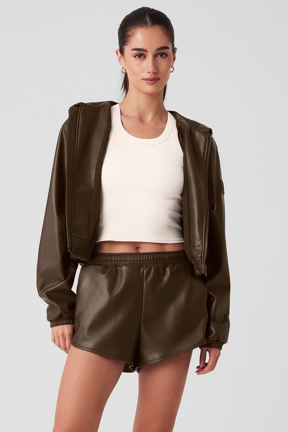 Faux Leather Power Hour Full Zip Cropped Jacket - Espresso Female Product Image