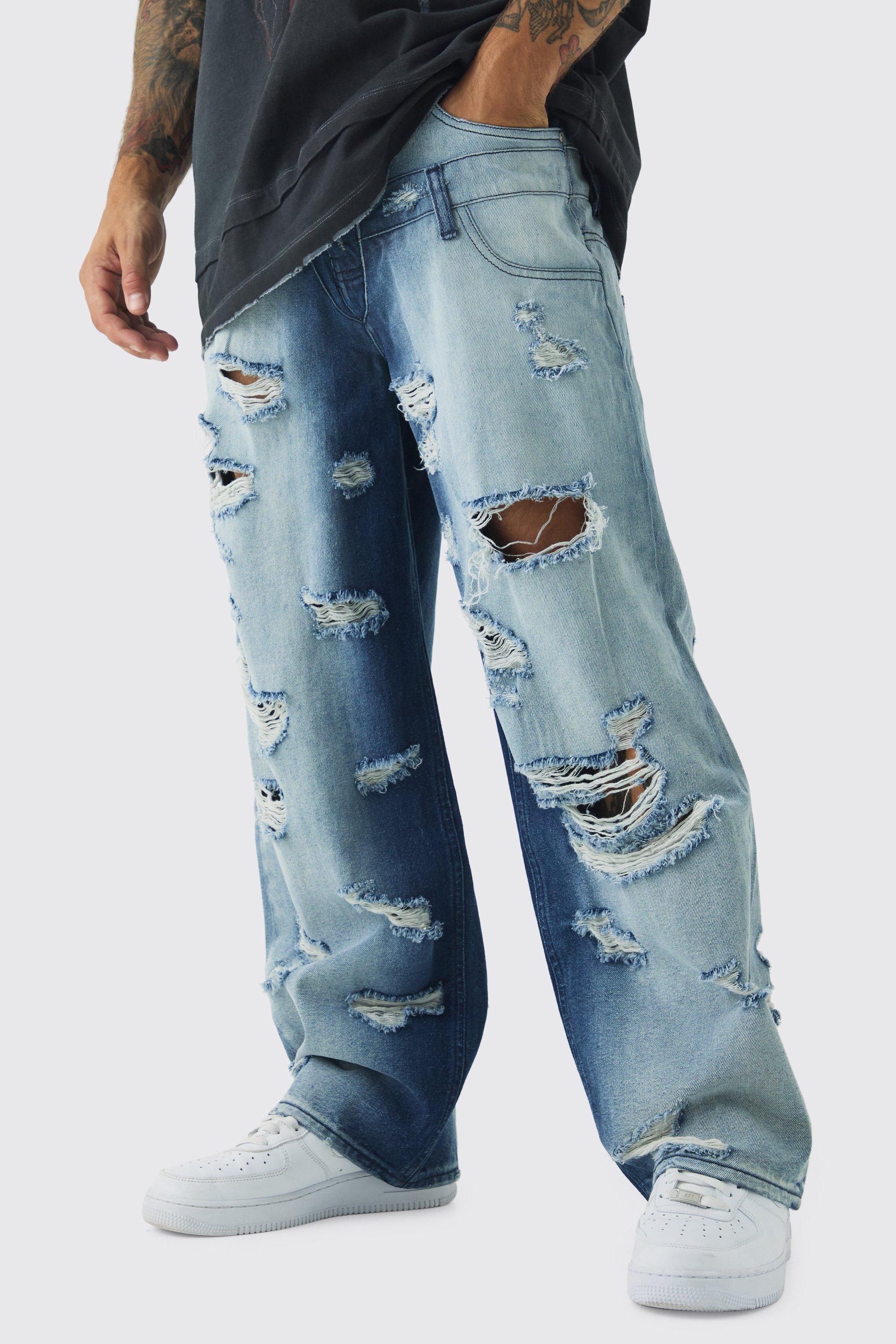 Baggy Fit Double Boxer Waistband All Over Ripped Jeans | boohooMAN USA Product Image