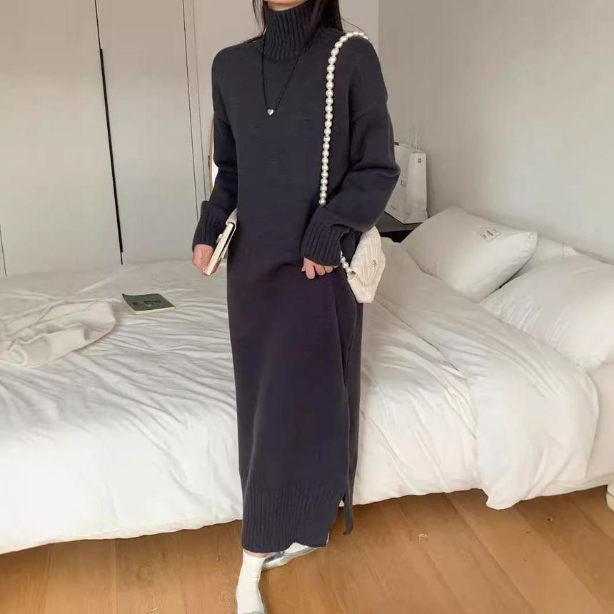 Mock Neck Plain Midi Sweater Dress Product Image