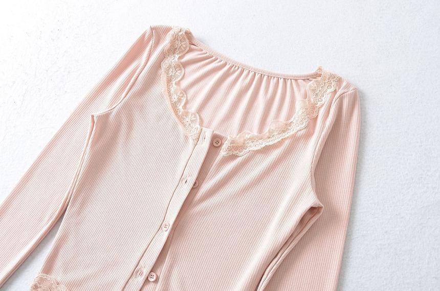 Set: Lace Trim Plain Crop Cami Top + Button-Up Cardigan Product Image