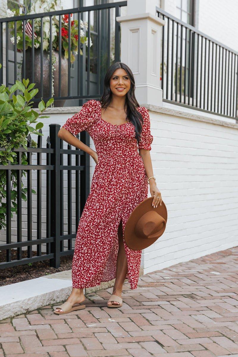 Wine Floral Print Smocked Maxi Dress Product Image