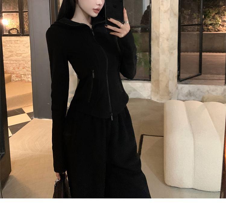 Plain Zip-Up Hoodie / Round Neck Slim Fit Crop Tank Top / High Rise Wide Leg Pants Product Image