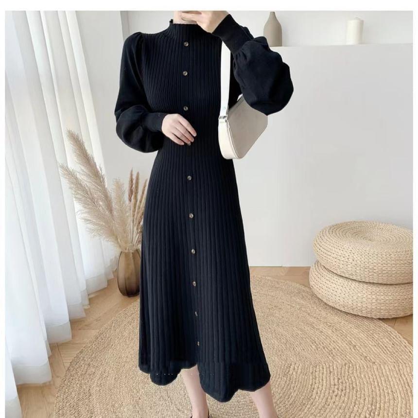 Puff-Sleeve High Neck Plain Ribbed Midi Knit Dress Product Image