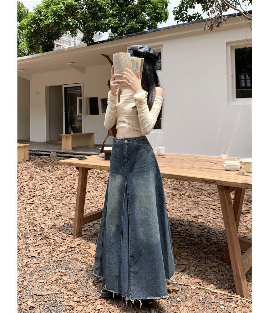 High Rise Frayed Denim Maxi A-Line Skirt Product Image