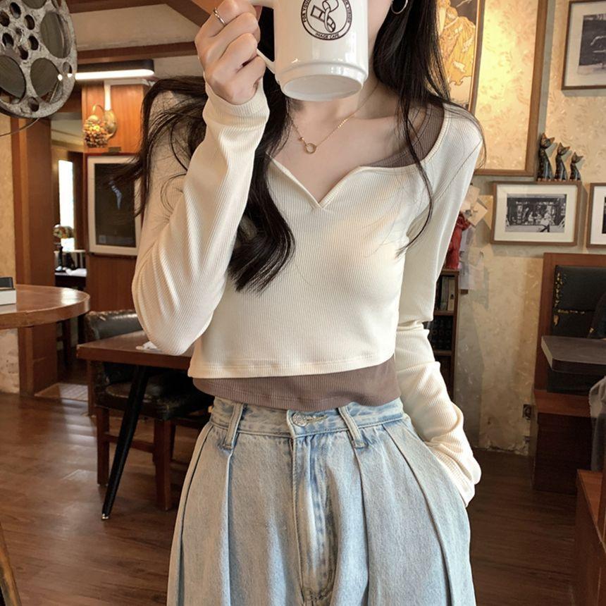 Mock Two-Piece Long-Sleeve Notched Crop Top Product Image