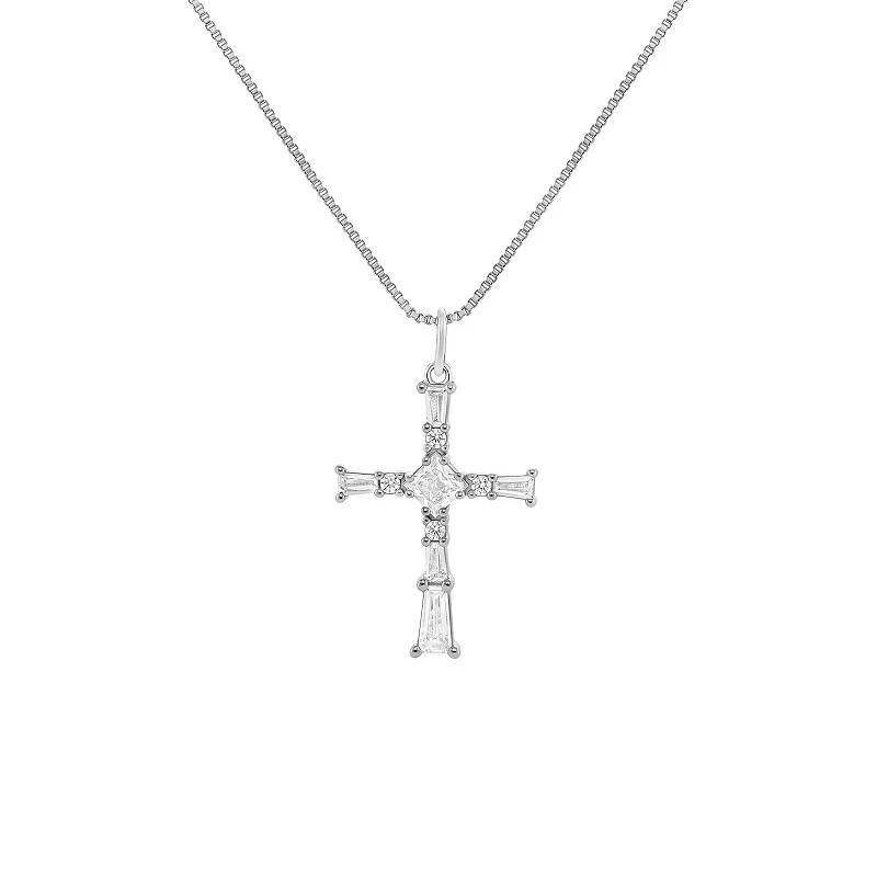 PRIMROSE Fine Silver Plated Baguette Cubic Zirconia Cross Pendant Necklace, Womens Silver Tone White Product Image