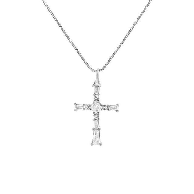 PRIMROSE Fine Silver Plated Baguette Cubic Zirconia Cross Pendant Necklace, Womens Silver Tone White Product Image