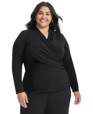 Plus Size Long-Sleeve Faux-Wrap Top Product Image