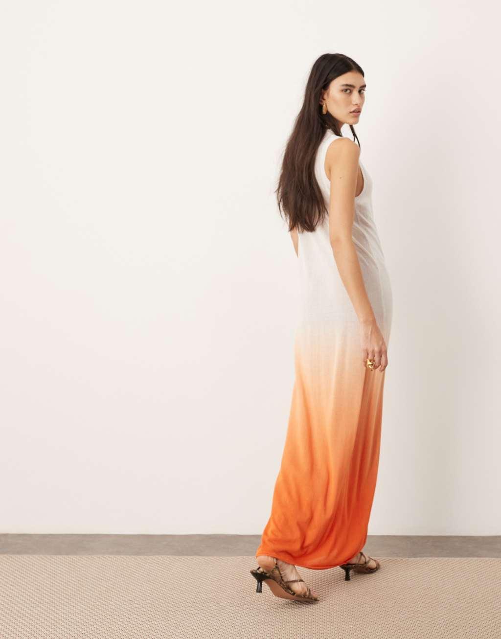 ASOS EDITION knit sheer sleeveless maxi column dress in orange ombre Product Image