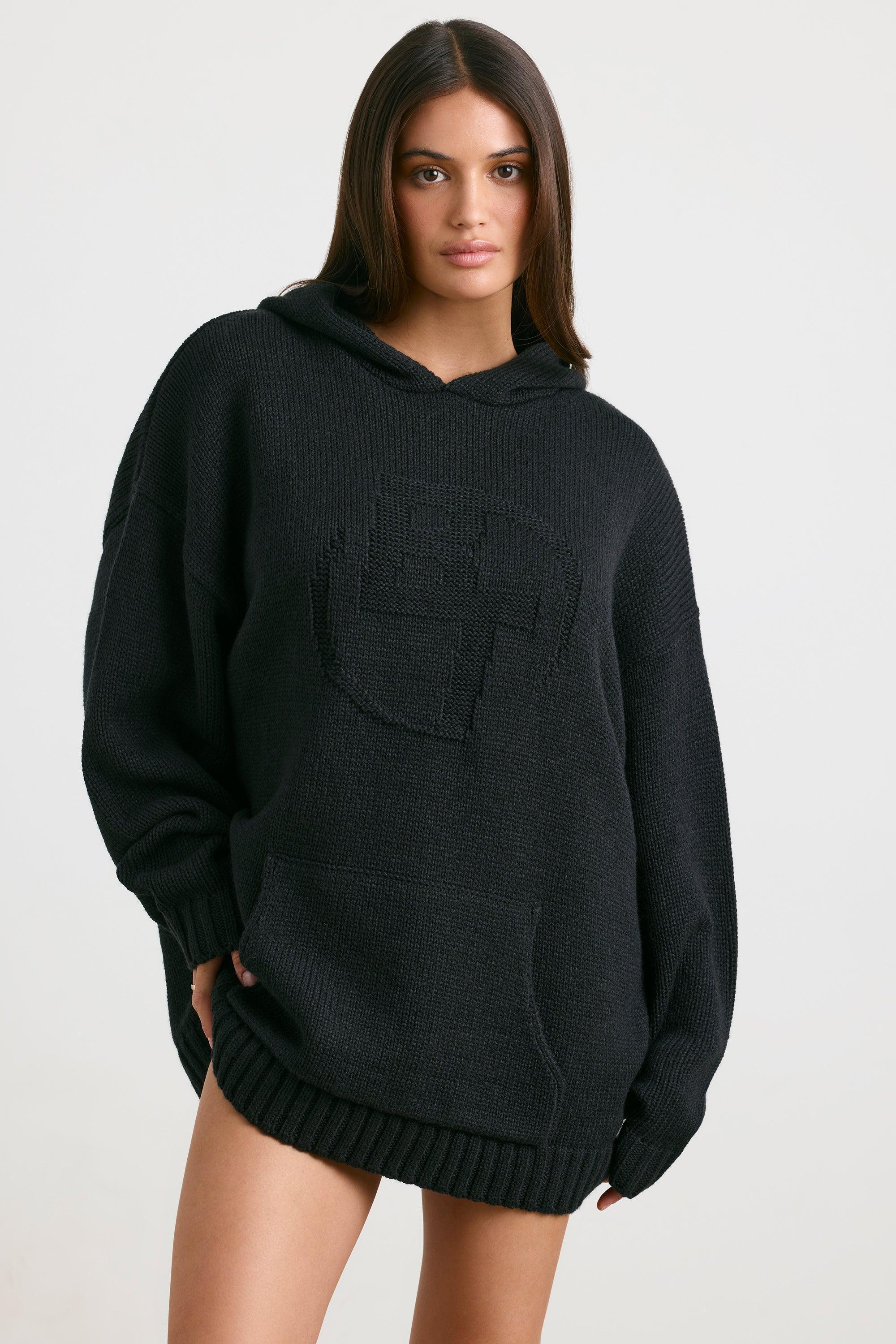 Oversized Chunky Knit Hoodie in Black Product Image