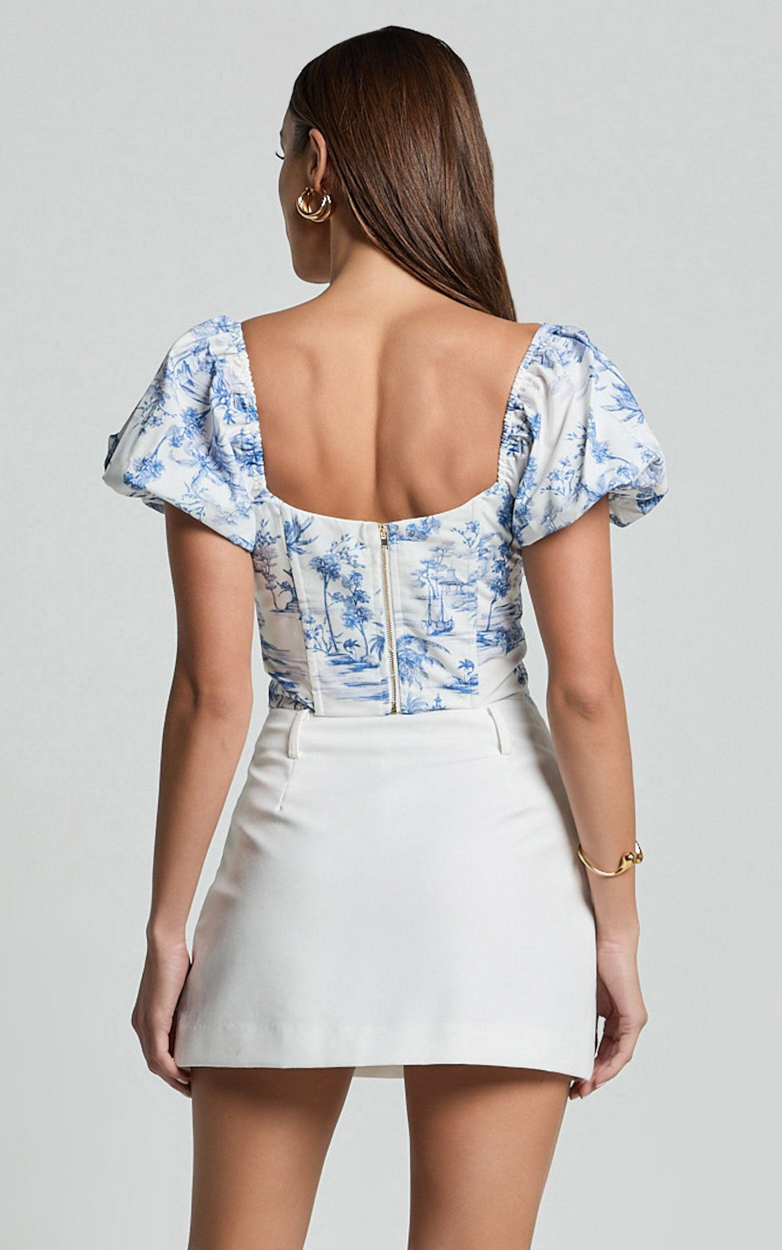 Owen Top - Puff Sleeve Tie Front Corset Detail Top in Toile De Jouy Product Image