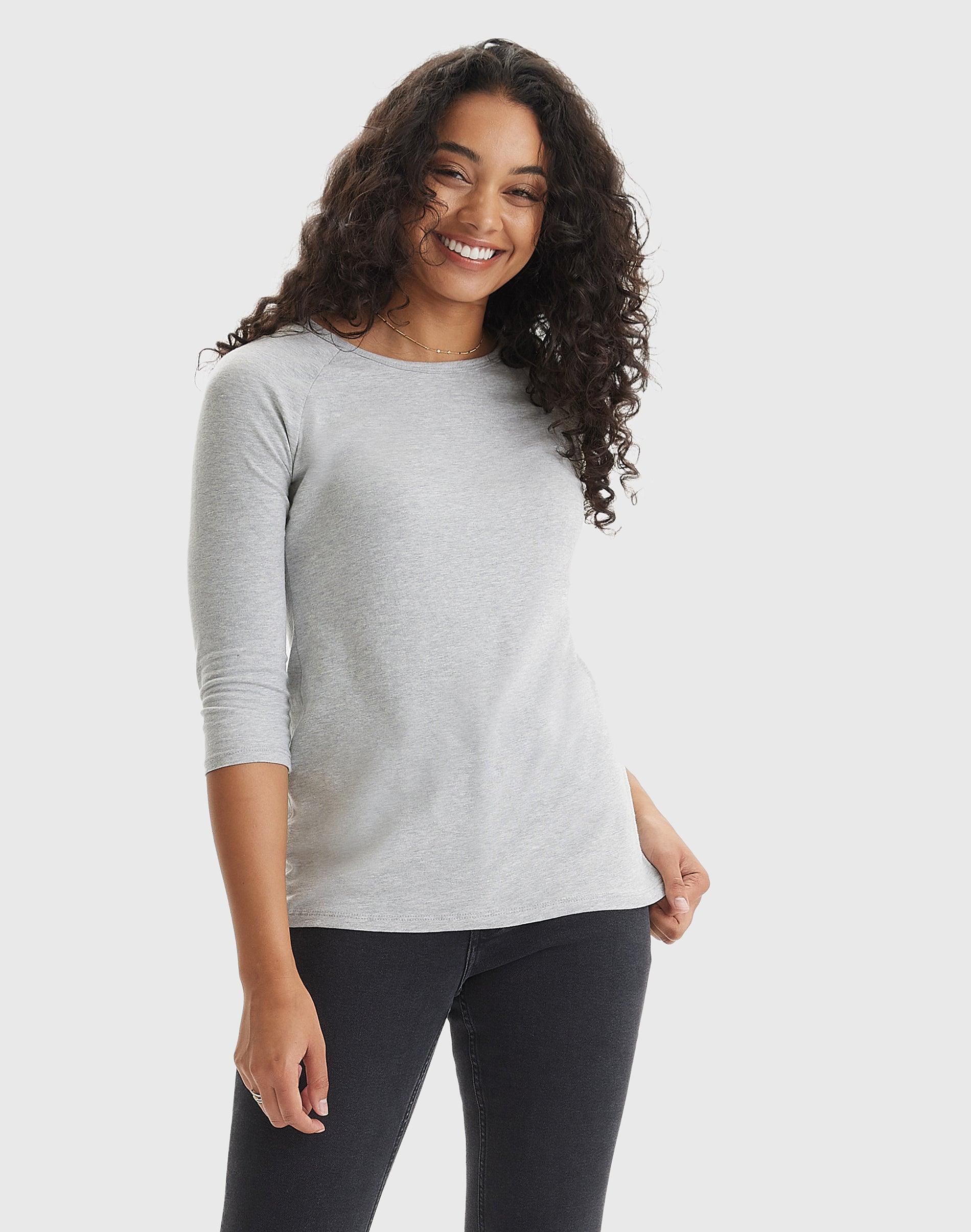 Womens Hanes Three-Quarter Sleeve Raglan Tee Gray Grey Product Image