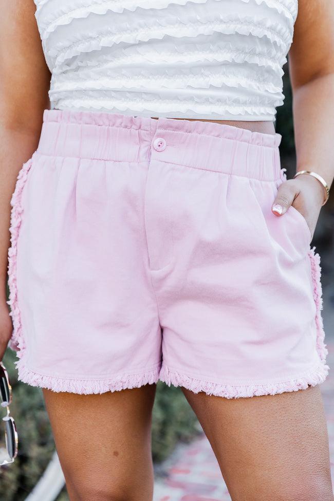 Thought It Was A Dream Pink Frayed Hem Paper Bag Waist Denim Shorts FINAL SALE Product Image