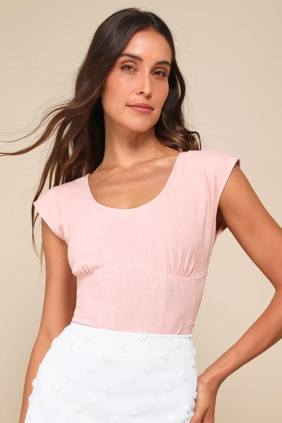 Cleary the Cutest Light Pink Linen Cutout Short Sleeve Top Product Image