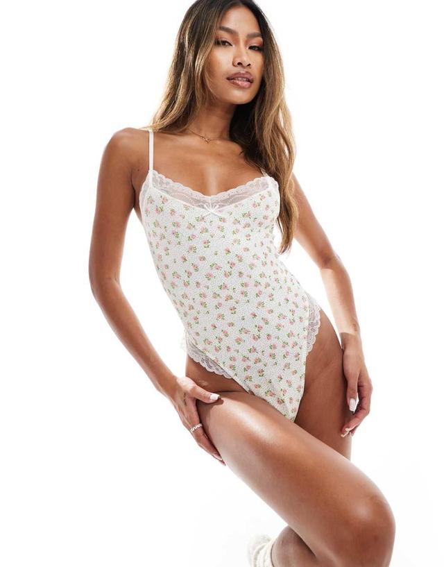 ASOS DESIGN ribbed and lace floral bodysuit in pink & white Product Image