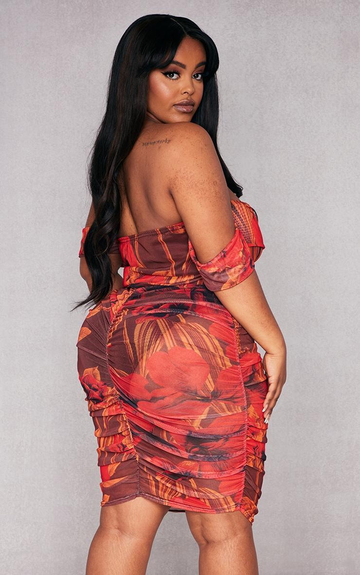 Plus Red Floral Printed Mesh Bardot Bodycon Dress Product Image