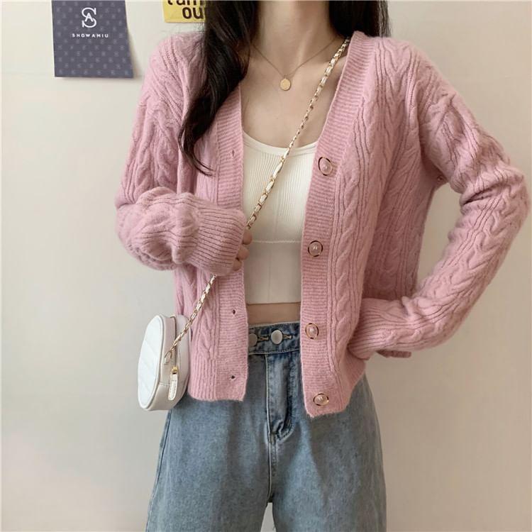 V-Neck Plain Cable Knit Cardigan Product Image