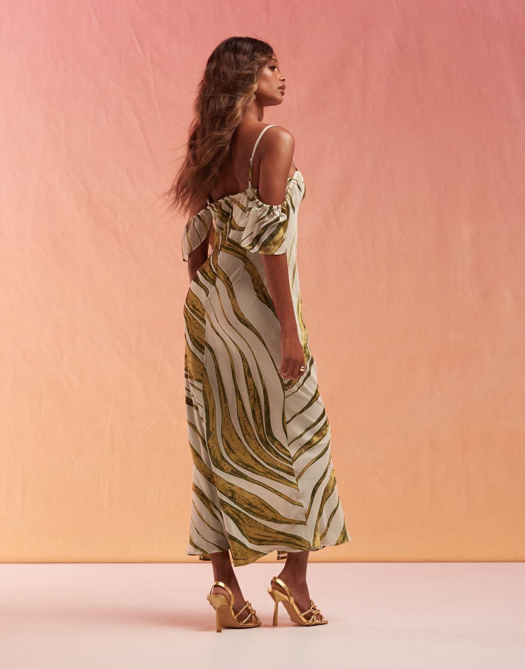 ASOS DESIGN burnout cupped cami maxi dress with frill sleeve in green stripe print Product Image