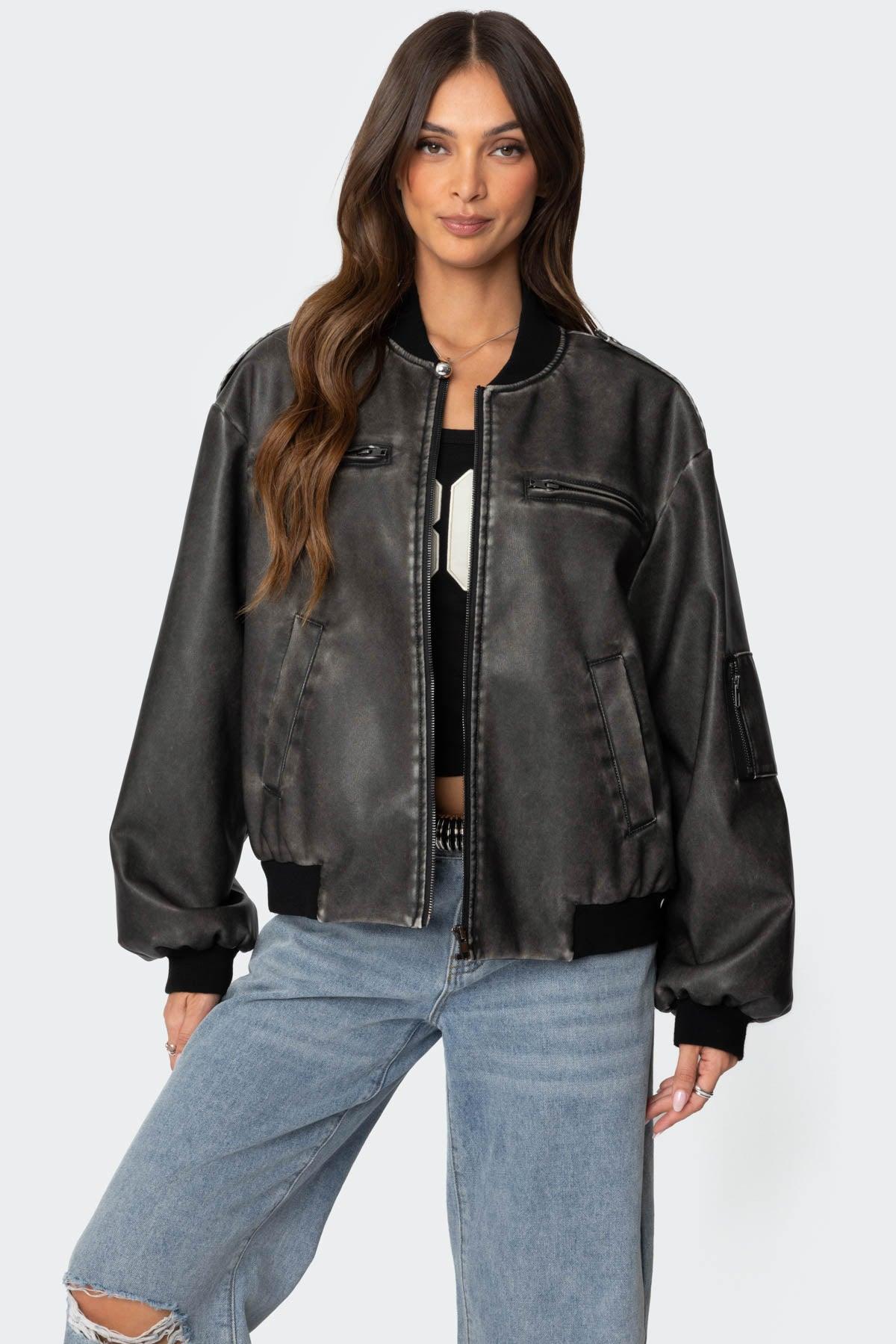 Vava Washed Faux Leather Bomber Jacket Product Image