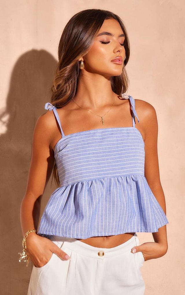 Blue Striped Tie Shoulder Peplum Top Product Image