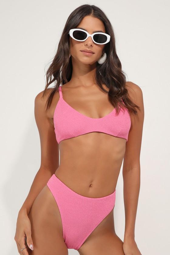 Coastal Cutie Pink Textured Mid-Rise Cheeky Bikini Bottoms Product Image