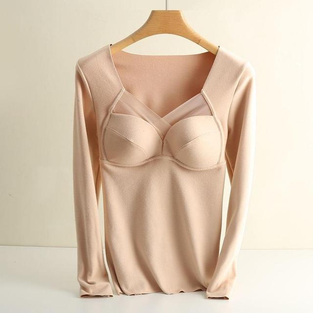 Long-Sleeve V-Neck Plain Padded Top Product Image