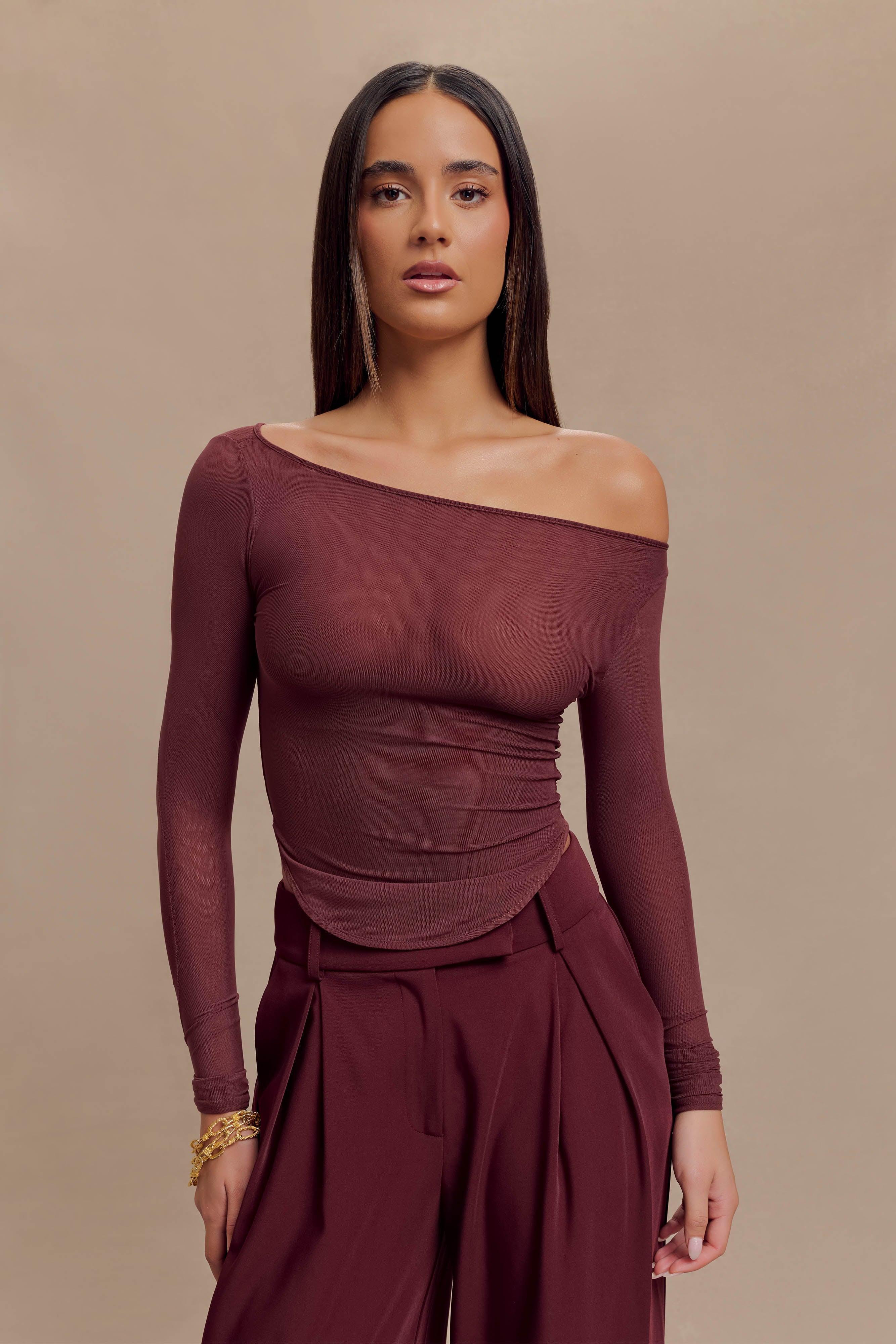 Colette Boat Neck Mesh Top - Mahogany Product Image