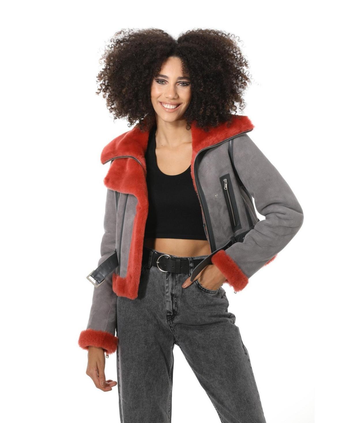 Womens Shearling Fashion Short Jacket Suede with Coral Wool - Grey Product Image