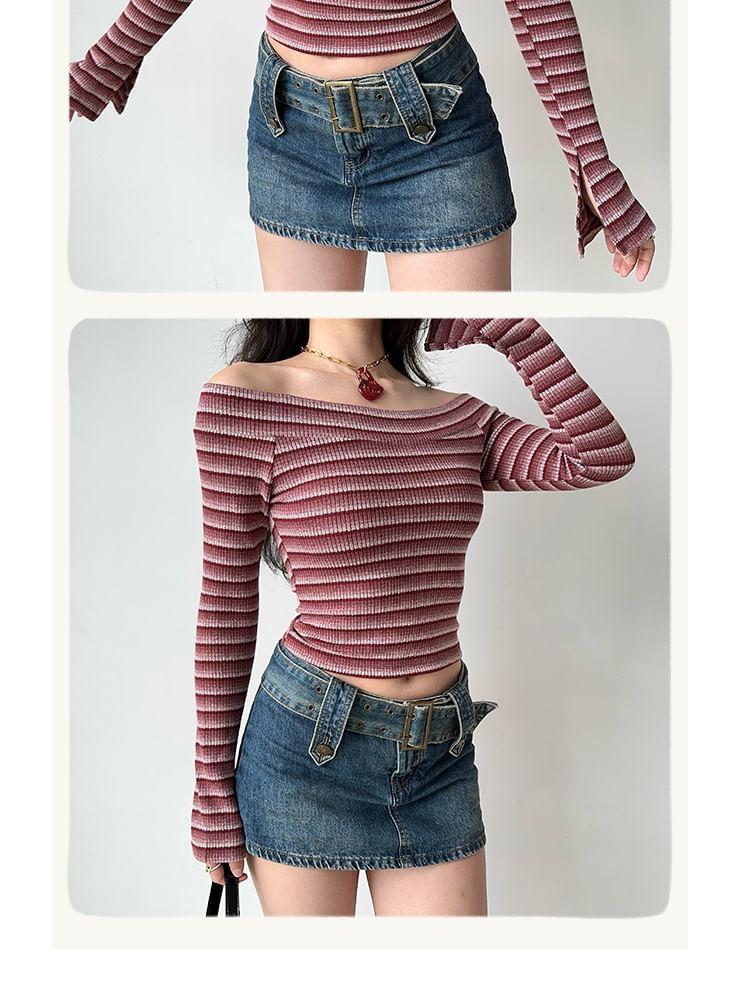 Long-Sleeve Off-Shoulder Striped Slim Fit Crop Knit Top Product Image