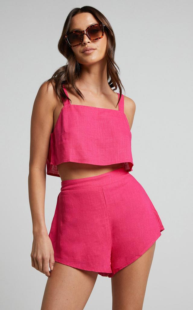 Zanrie Two Piece Set - Linen Look Square Neck Crop Top and High Waist Mini Flare Shorts Set in Hot Pink Product Image