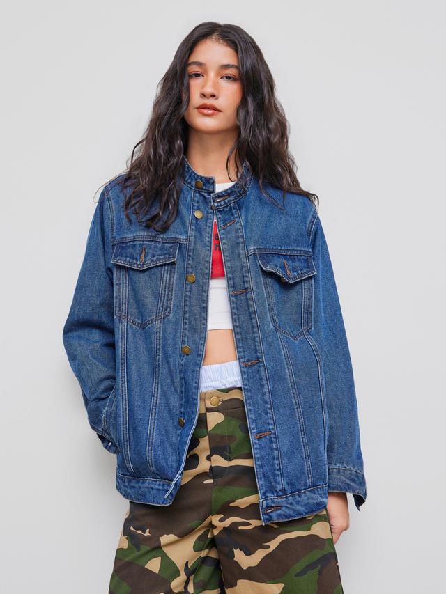 Denim Round Neckline Pocket Button Oversized Jacket Product Image